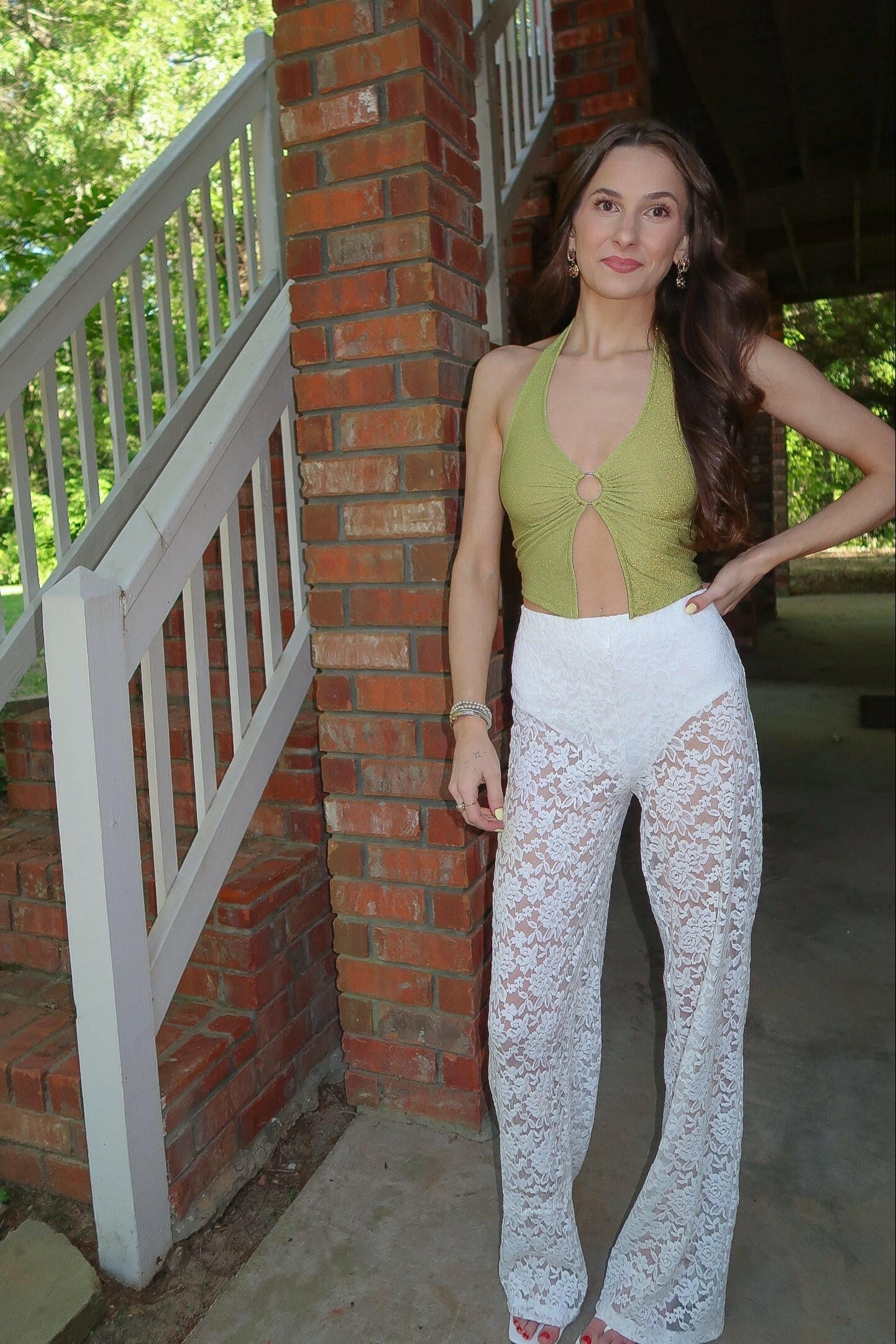Sheer Floral Lace Pants - White.