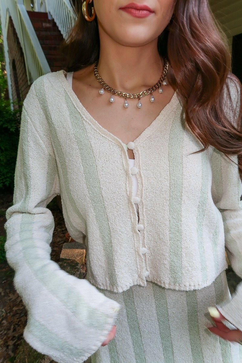 Striped Terry Sweater Set - Cream/Sage.