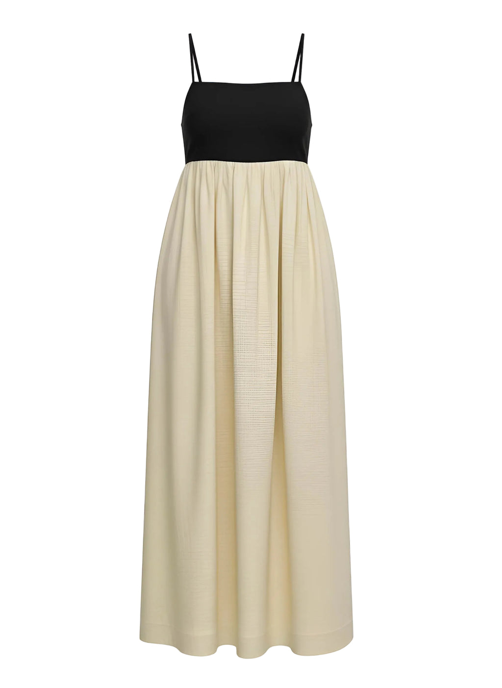 Black top and beige skirt dress on a white background