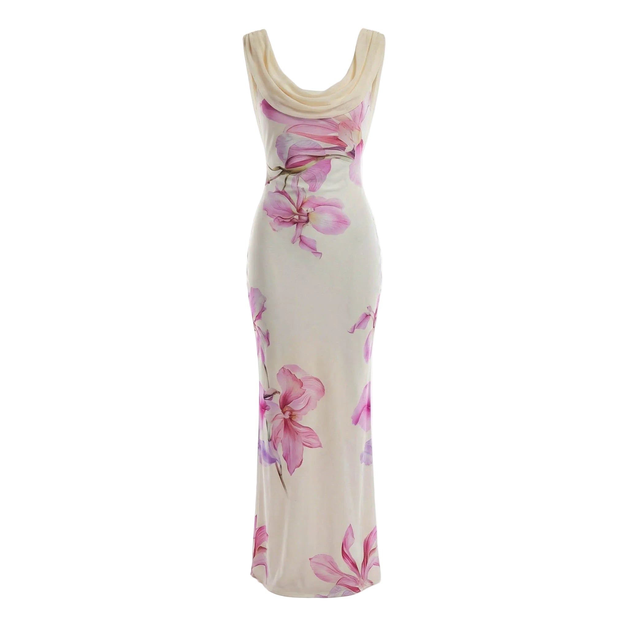 Long dress with pink floral pattern on a white background