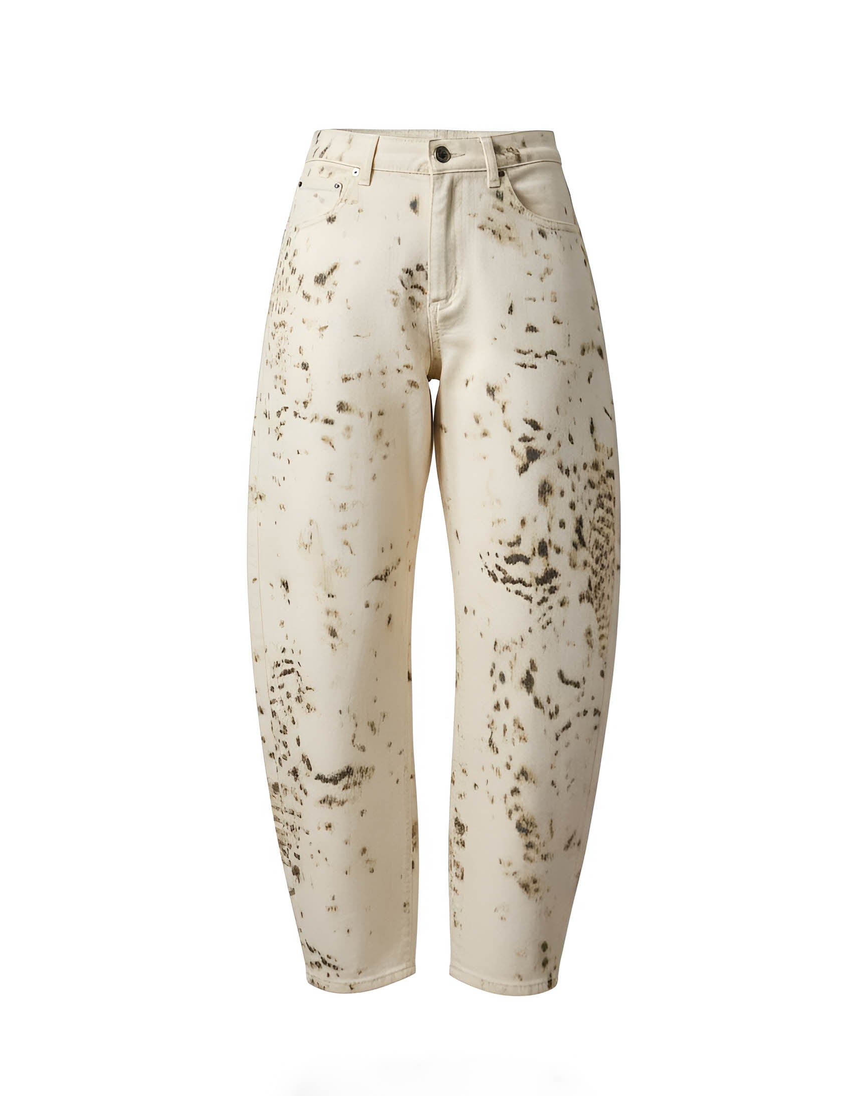 Beige pants with black speckles on a white background