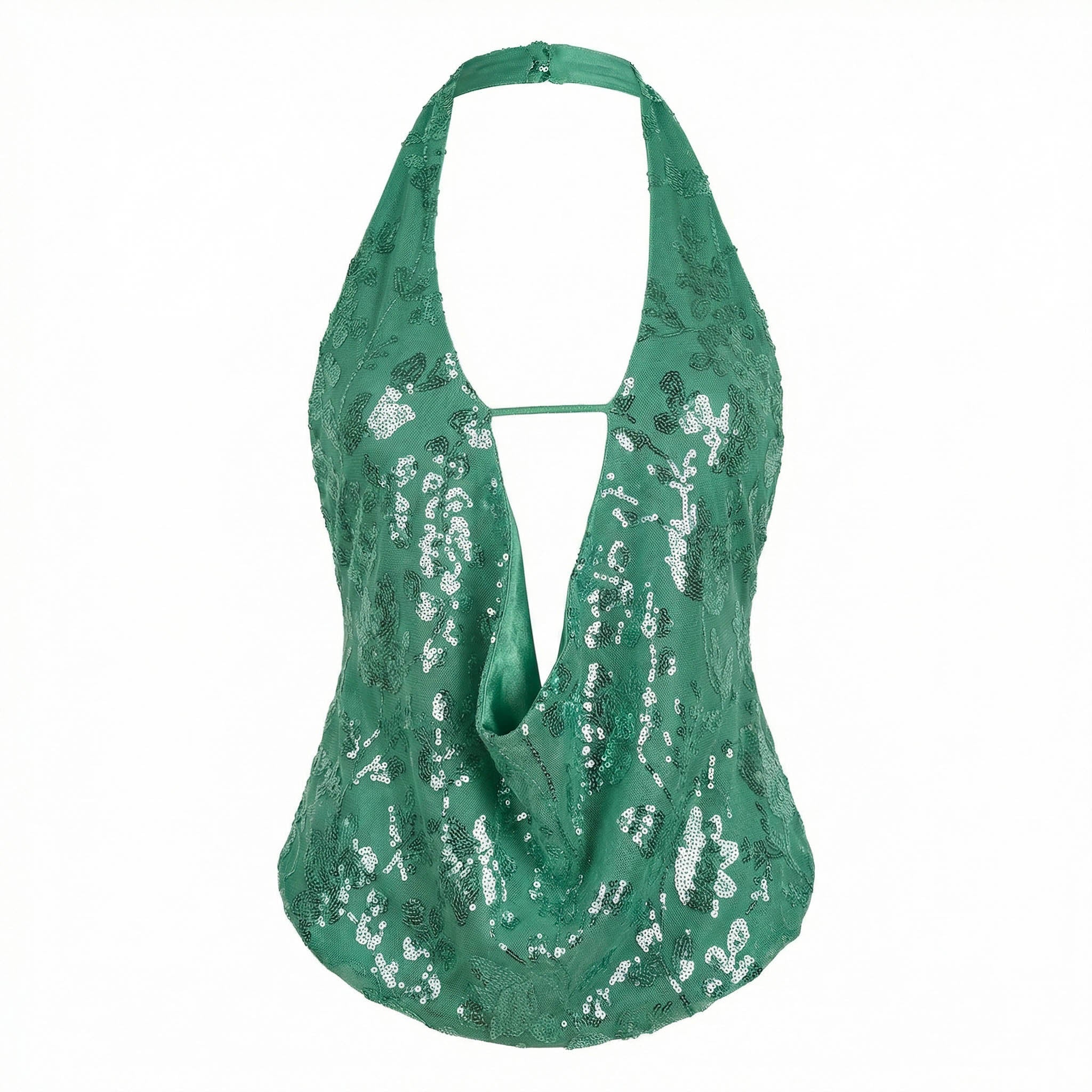 Green sequin halter top on a white background