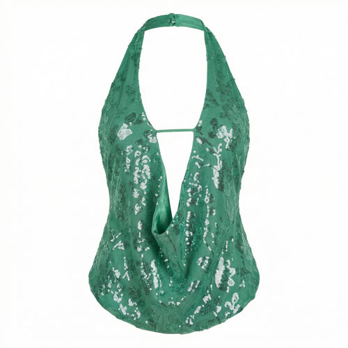 Green sequin halter top on a white background