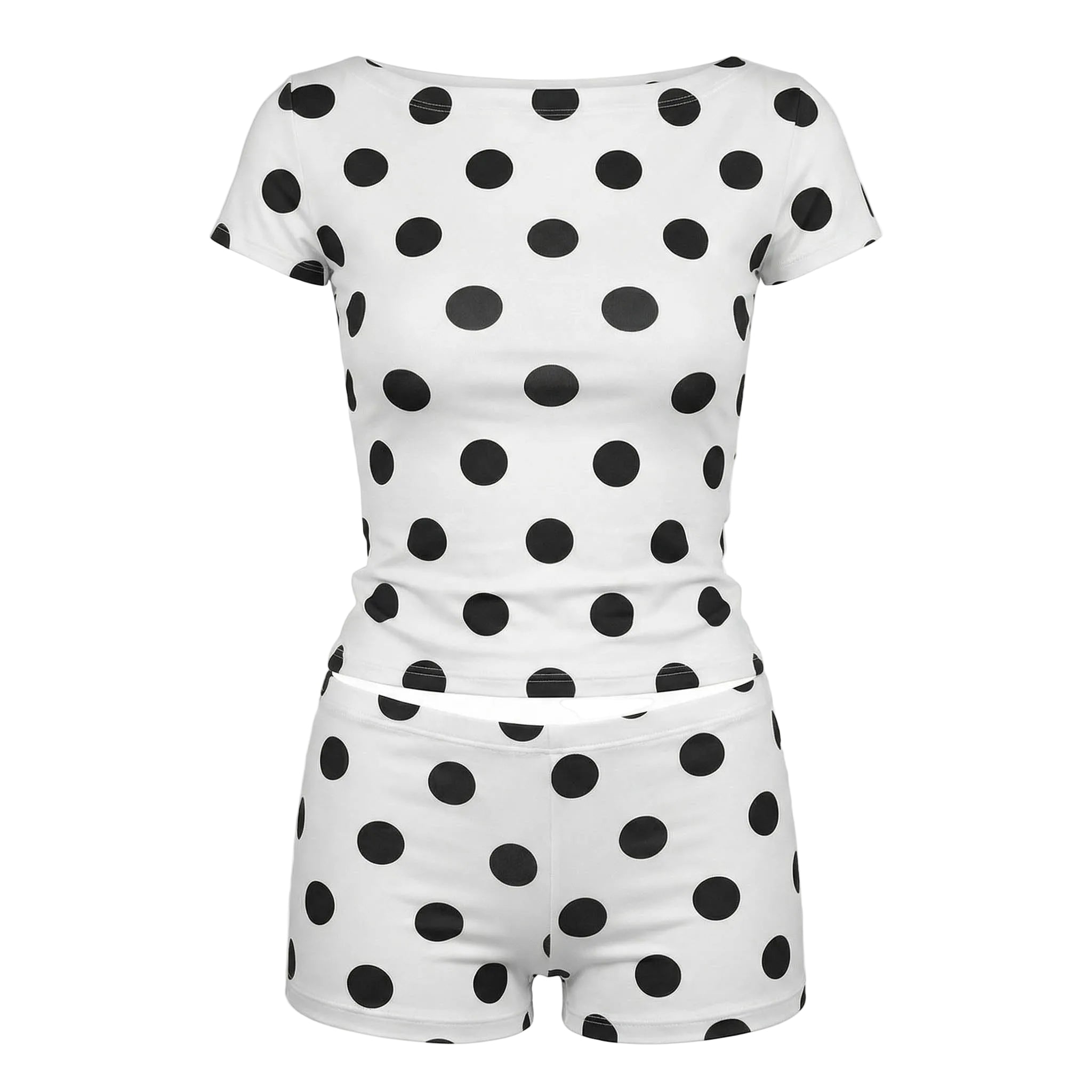White t-shirt and shorts set with black polka dots on a white background