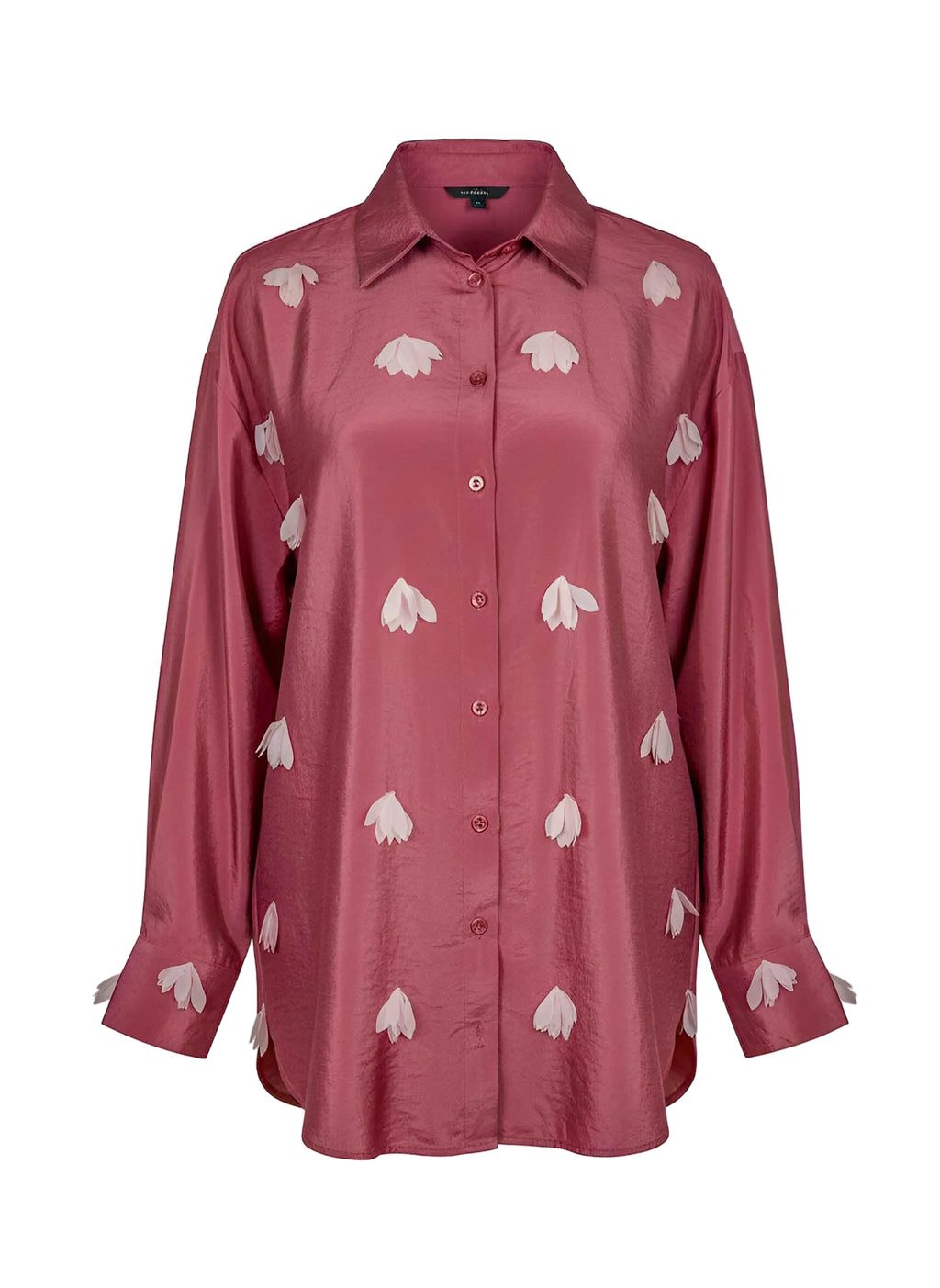 Pink shirt with white floral patterns on a white background