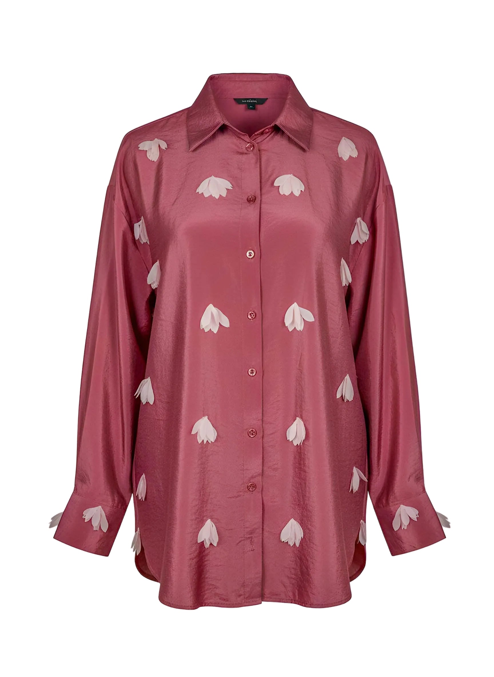 Pink shirt with white floral patterns on a white background