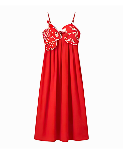 Red slip dress with white floral embroidery in a fish shape on a white background
