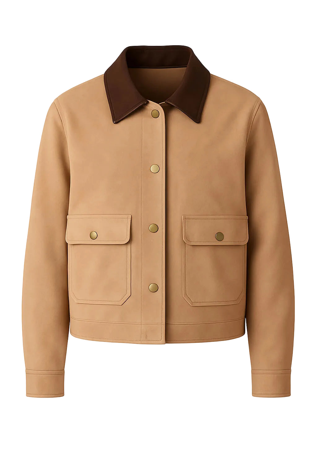 Tan jacket with brown collar on a white background