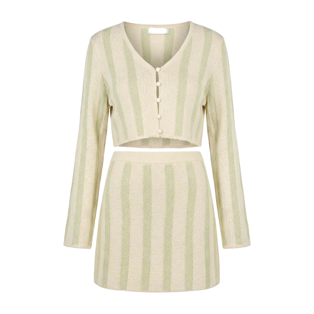Striped long-sleeve top and skirt set on a white background