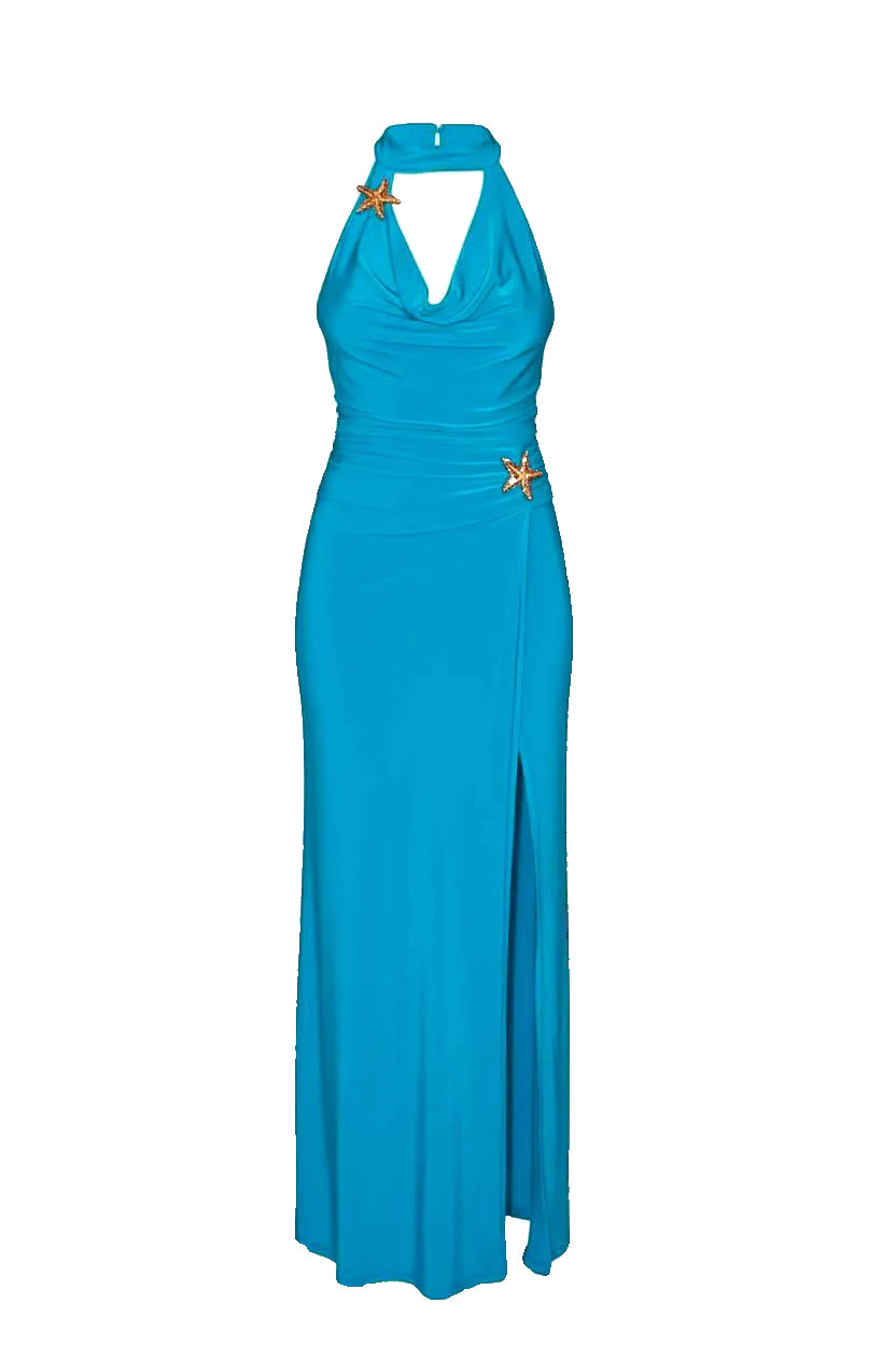 Blue halter neck set with floral embellishments on a white background