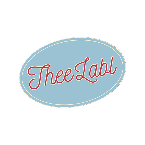 Logo of 'Thee Labl' with a blue oval and red text on a brown background