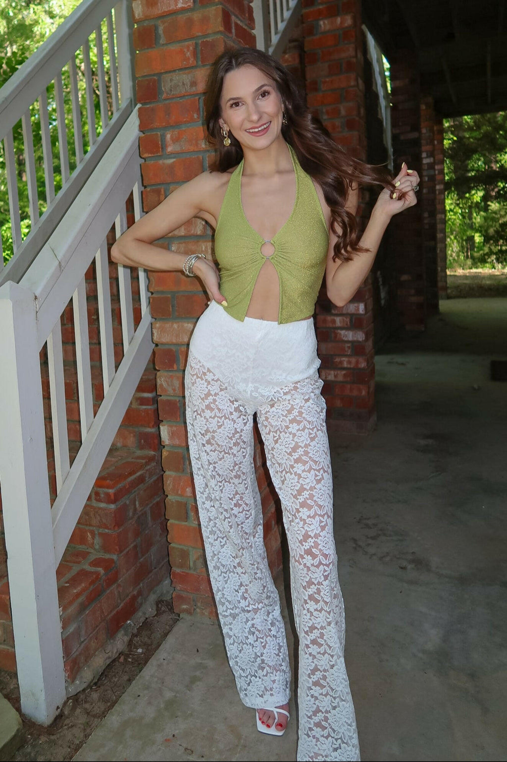 Sheer Floral Lace Pants - White.