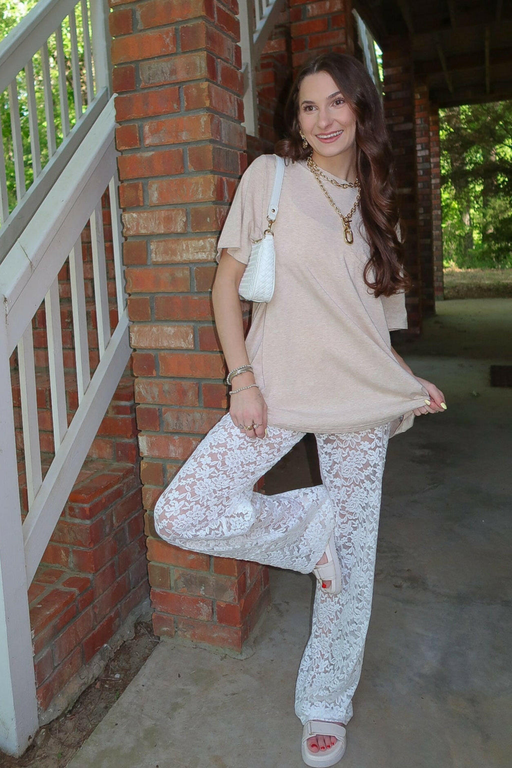 Sheer Floral Lace Pants - White.