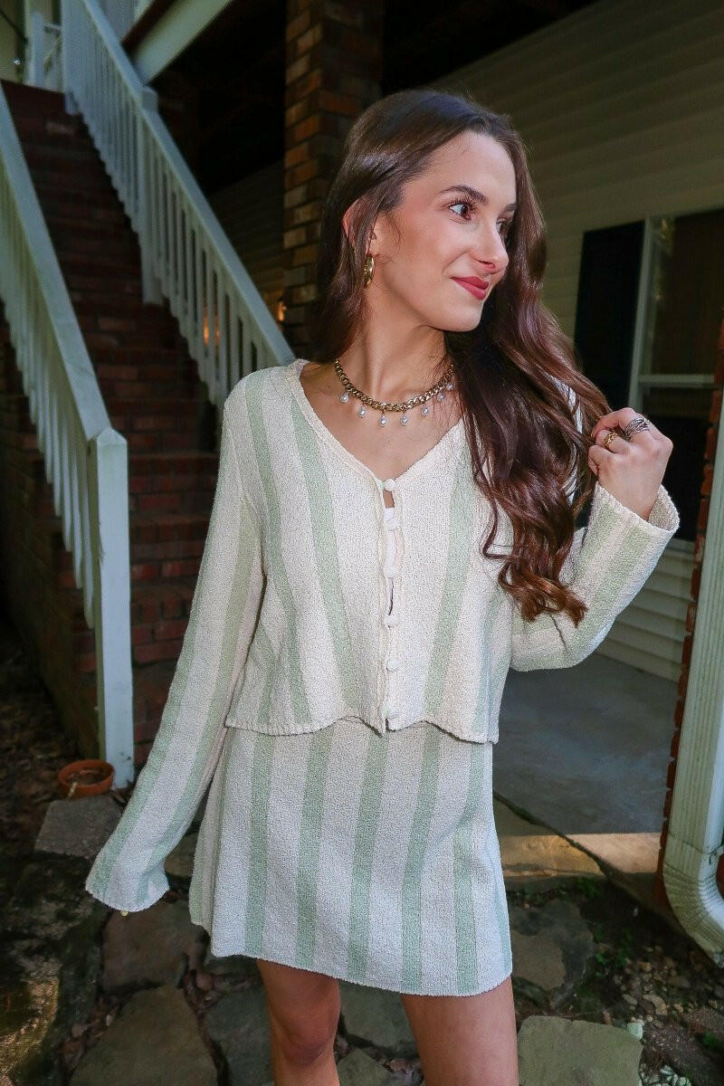 Striped Terry Sweater Set - Cream/Sage.