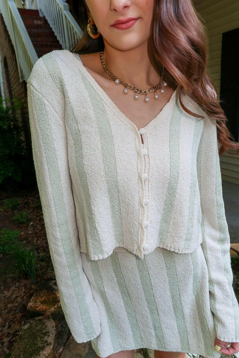 Striped Terry Sweater Set - Cream/Sage.