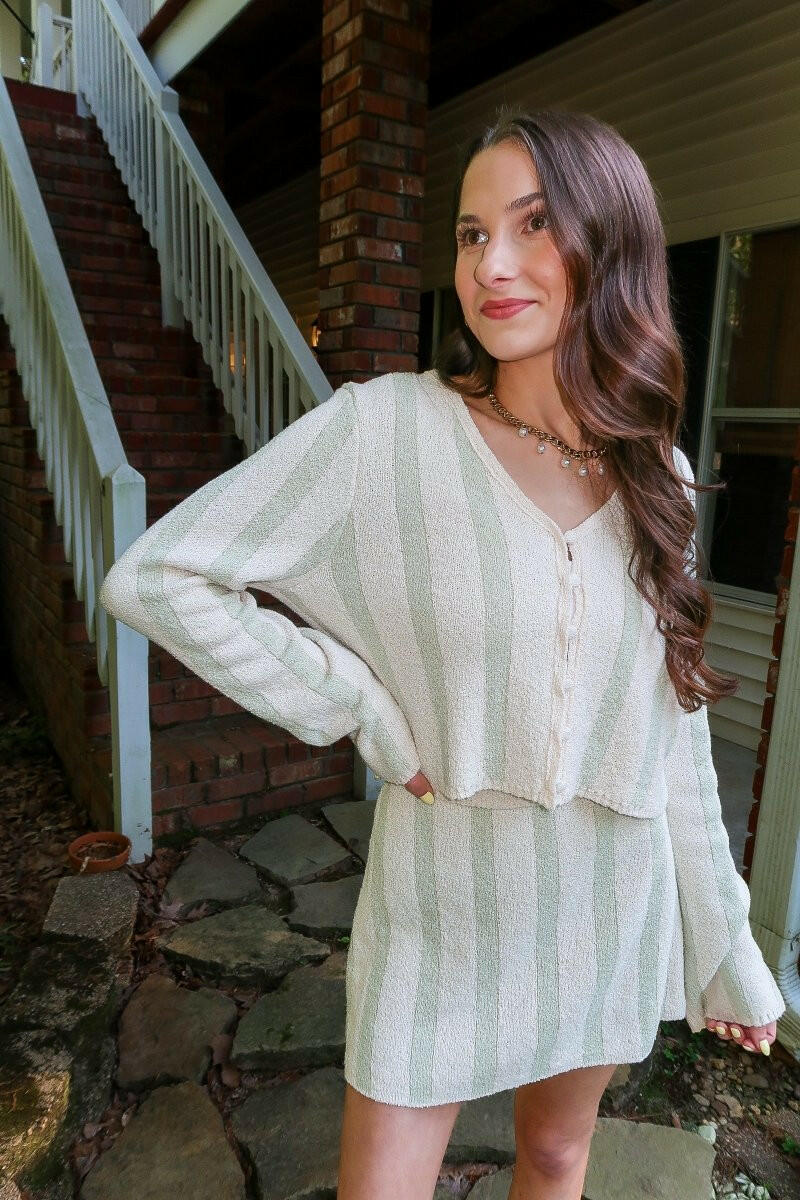 Striped Terry Sweater Set - Cream/Sage.